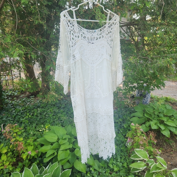 Bohemian 2 Pice White Crochet Style Lace Dress And Tunuc/top - Picture 11 of 13